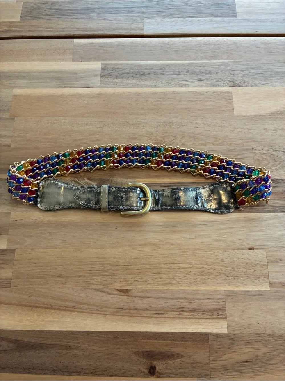 Y2K VTG Colorful Beaded Avant Garde chain Link Belt Metallic Leather Closure